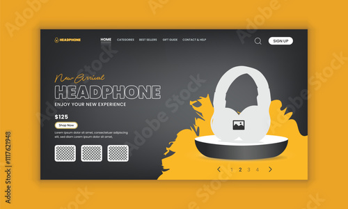 New arrival Headphone brand product landing page or Music headphone website home page hero section user interface design template