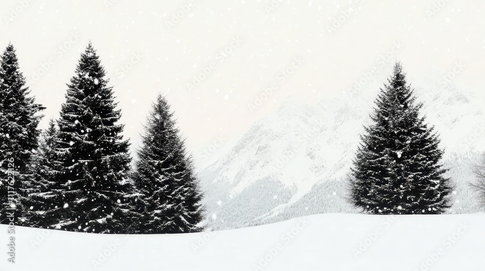 Obraz premium Snow covered pine trees in a serene winter landscape with mountains in the background