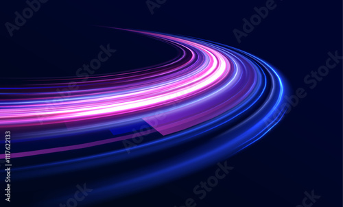 Vibrant neon waves on dark backdrop, ideal for modern design projects. Neon color glowing lines. Electric car and city concept Hitech communication concept innovation background, vector design.	