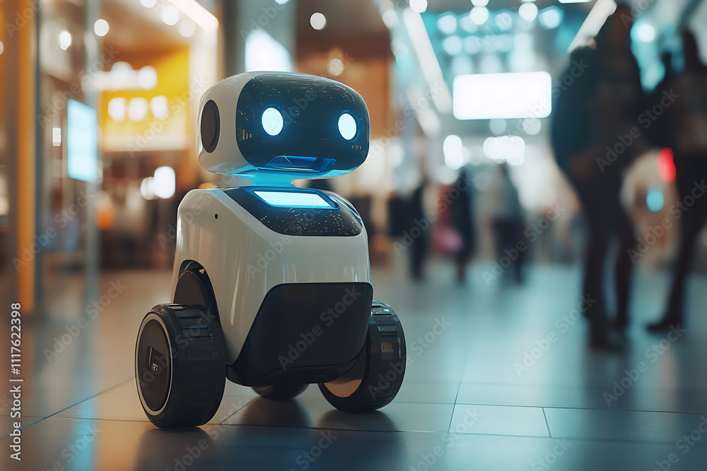 A sleek robot delivering packages or assisting customers in a high-tech retail store, showcasing convenience and efficiency
A sleek robot delivering packages or assisting customers in a high-tech retail store, showcasing convenience and efficiency