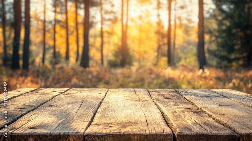 Rustic Wooden Table in Autumn Forest Background. Rustic Wooden Table in Autumn Forest Background.