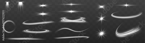 Light effect, star, flare, sparkle set. Realistic set of snow storm or wind swirls isolated on transparent background. Dynamic white trail, fire path trace line, car lights, optic fiber.