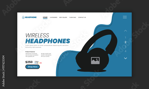 New arrival Headphone brand product landing page or Music headphone website home page hero section user interface design template
