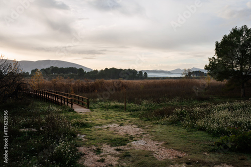 Paisaje durante el amanecer en el espacio protegido de la albufera de Gaianes, España