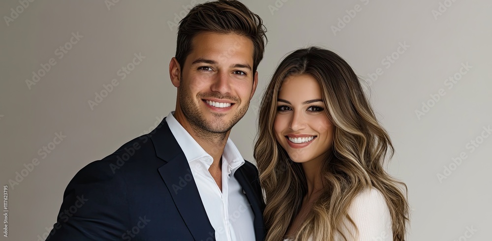 a sophisticated, handsome man, smiling and posing with a beautiful woman for a professional photo shoot in a studio a sophisticated, handsome man, smiling and posing with a beautiful woman for a professional photo shoot in a studio