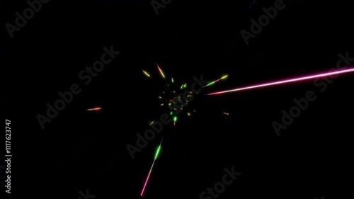 放射状に広がる虹色に輝く細い光跡、宇宙のバースト、高速ワープ旅行エフェクト、SFモーションの背景
