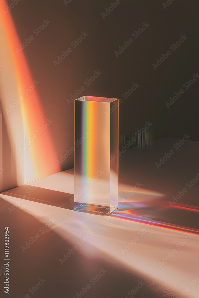 prism light, light refraction, minimal art, rainbow prism, geometric design, abstract prism, modern decor, colorful light, artistic lighting, soft shadows, elegant minimalism, architectural style