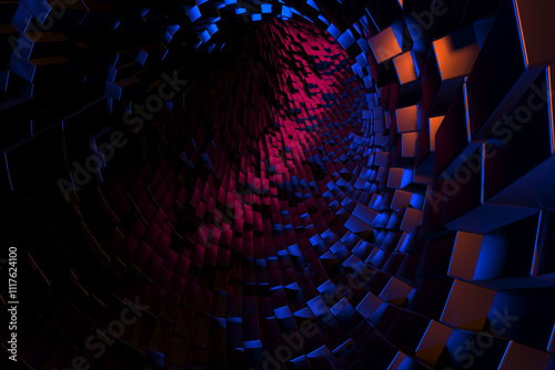 Fototapeta Naklejka Na Ścianę i Meble -  Futuristic tunnel with abstract geometric patterns in dark and vibrant colors. 3d render