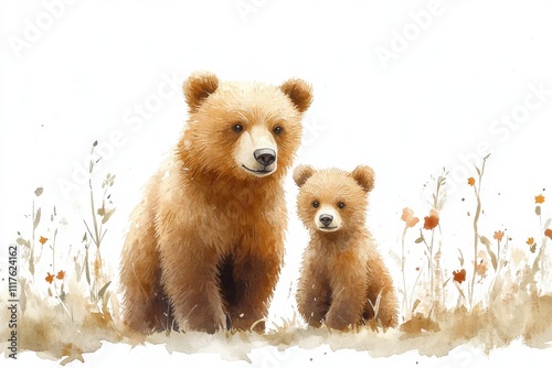 Fototapeta Naklejka Na Ścianę i Meble -  A watercolor illustration of a bear and her cub in a floral setting.