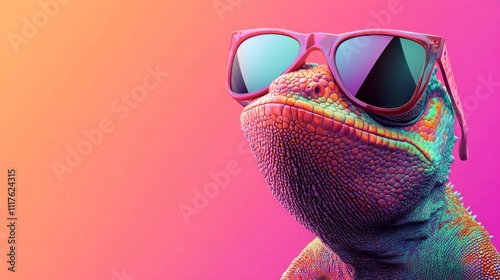 A lively chameleon stands confidently with sunglasses, displaying a striking array of colors. The vibrant background adds a fun atmosphere, perfect for a sunny day celebration