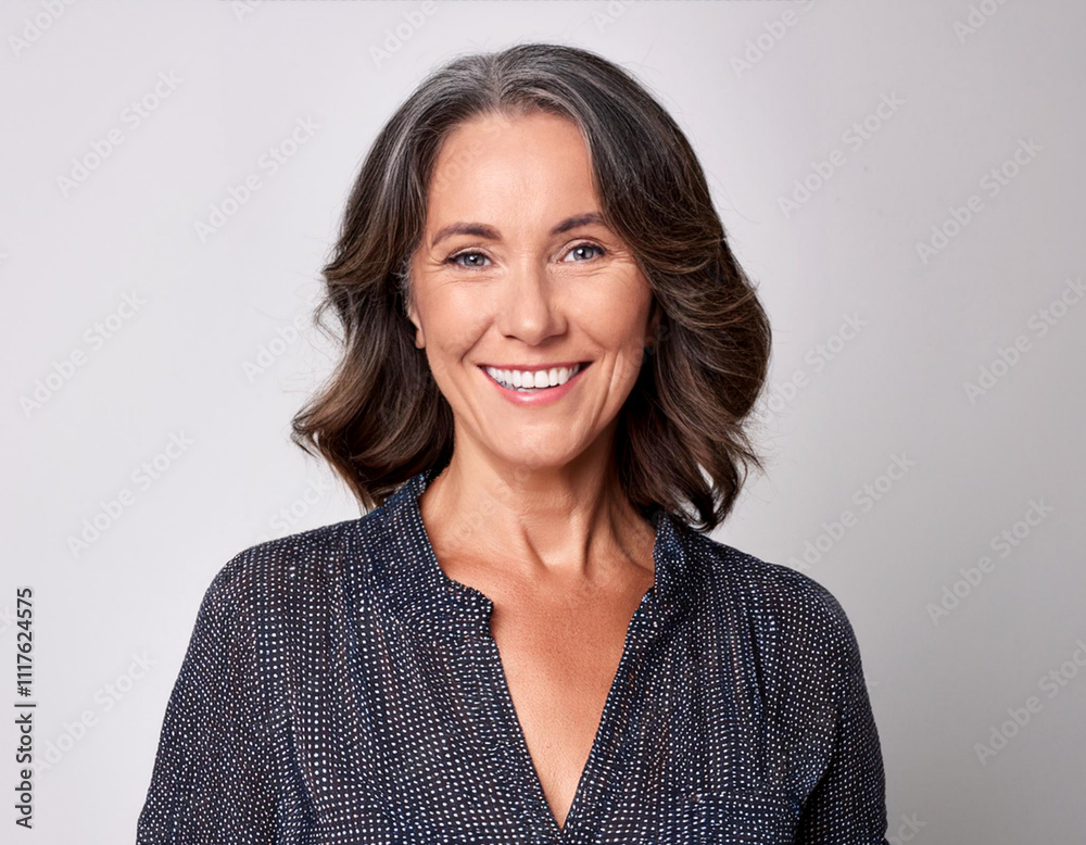 portrait of a smiling woman brunette fifty 50 years on white background portrait of a smiling woman brunette fifty 50 years on white background