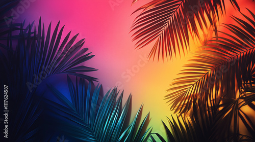 Vibrant Tropical Palm Leaves Against a Multicolored Gradient Background