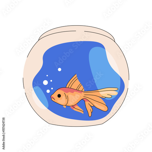 Vector fish in glassware aquarium or aquatic pet. Illustration of sea or ocean golden animal in freshwater. Domestic underwater habitat. Marine fauna at home in glass tank. Home care. Swimming zoology