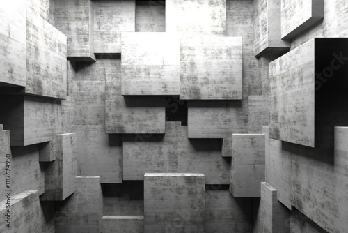 Geometric abstract interior with concrete cubes. 3d render