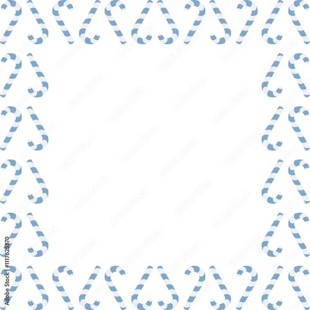 Candy cane. Square frame of striped blue and white lollipops. Place for text. Color vector illustration. Isolated background. Flat style. Christmas decoration made of sweet treat. Idea for web design. Candy cane. Square frame of striped blue and white lollipops. Place for text. Color vector illustration. Isolated background. Flat style. Christmas decoration made of sweet treat. Idea for web design.