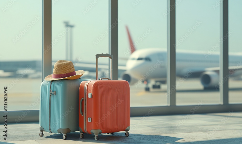 Airplane and airport with travel essentials; a minimalistic travel concept background. Airplane and airport with travel essentials; a minimalistic travel concept background.