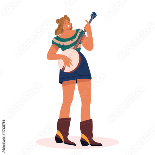Woman playing banjo vector illustration. Isolated female playing music with string instrument. Show performer or musical entertainer. Girl musician play country or bluegrass tune. Concert stage.