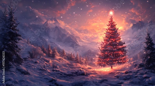 Glowing Christmas Tree in Snowy Winter Wonderland Landscape