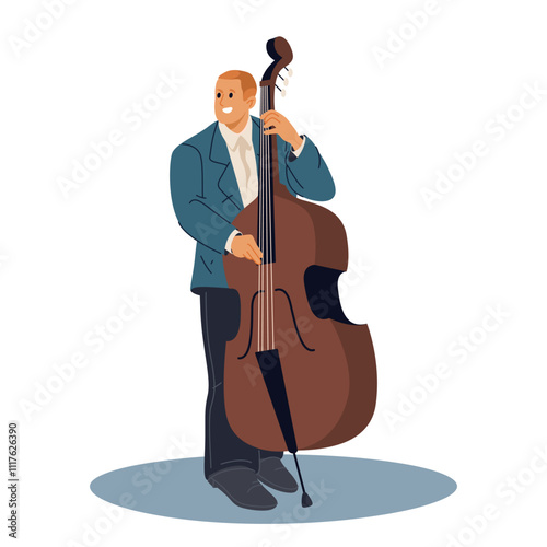 Vector man play double bass. Male musician make music with upright string instrument. Live show or concert at stage. Acoustic jazz or classical orchestra solo performer. Studio record, tuning.