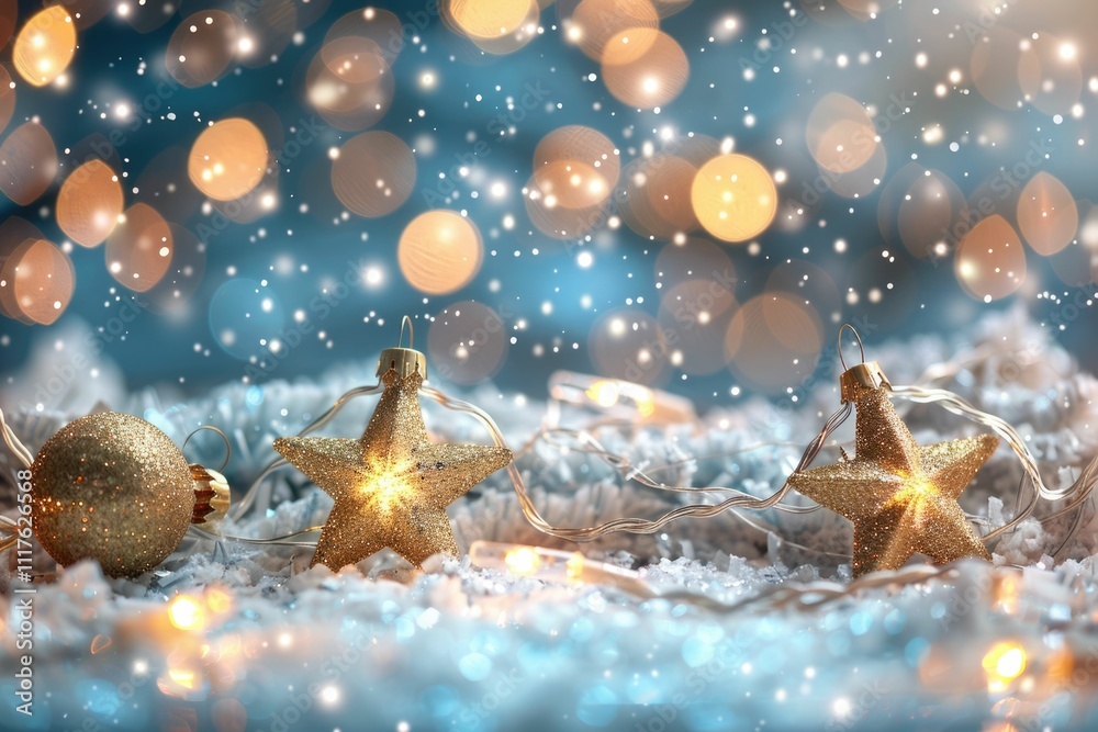 Golden star ornaments with fairy lights on a snowy background background removed Golden star ornaments with fairy lights on a snowy background background removed