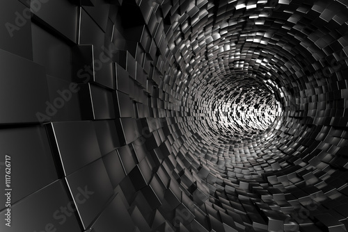 Fototapeta Naklejka Na Ścianę i Meble -  Metallic tunnel with geometric patterns reflecting light for futuristic design. 3d render.
