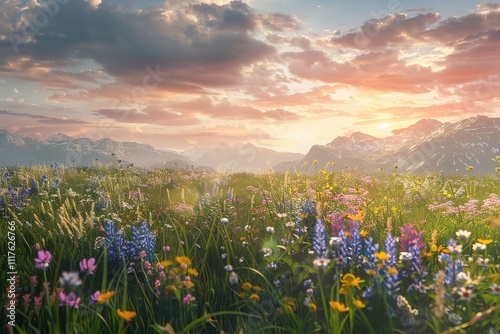 A peaceful alpine meadow with flowers and herbs native to multiple regions blooming under a vibrant sky.