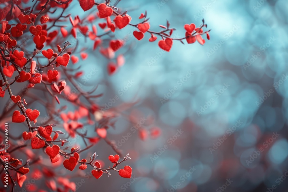 Red heart shaped leaves on branches against a blue blurred background. background removed