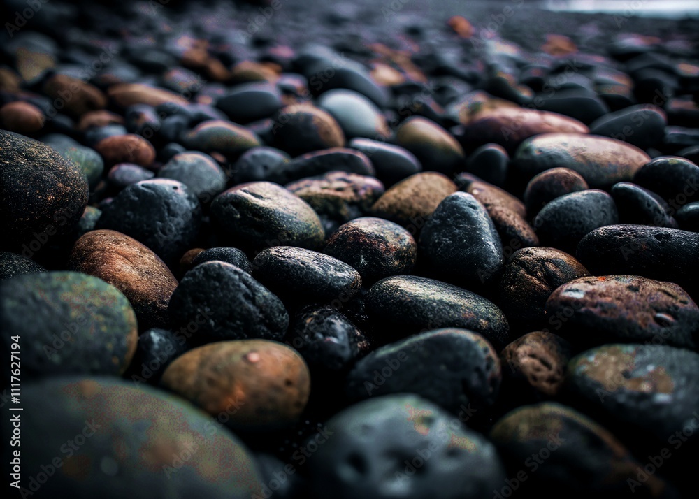 Smooth Black Pebbles with Wet Surface and Natural Glossy Texture in Detail Smooth Black Pebbles with Wet Surface and Natural Glossy Texture in Detail