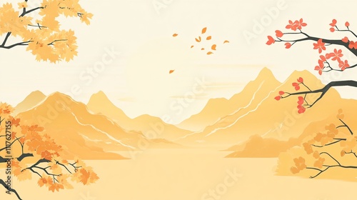 Wallpaper Mural Autumn illustration with golden leaves and hills; a serene background with ample blank space. Torontodigital.ca