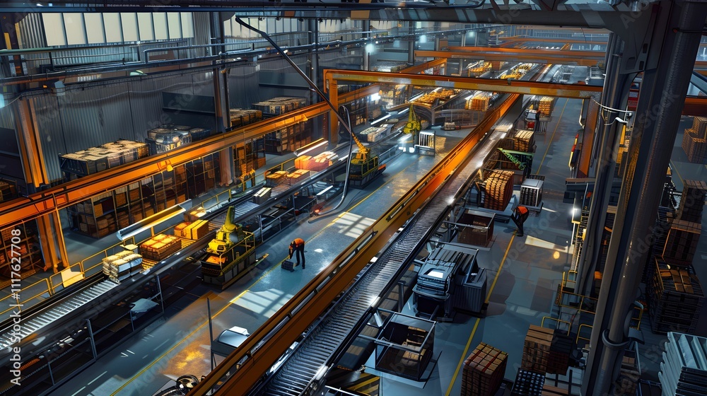 Modern warehouse with advanced logistics in action during daylight hours Modern warehouse with advanced logistics in action during daylight hours