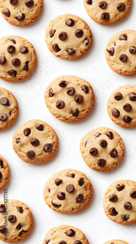 Rows of Chocolate Chip Cookies White Background