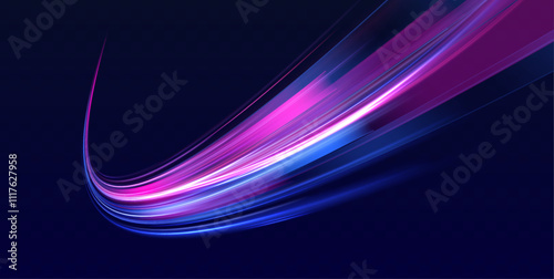 Light trails on road at night. Abstract futuristic neon background with glowing ascending lines. Racing cars dynamic flash effects city road with long exposure night ligh. 