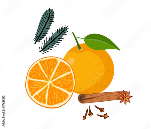 Orange Fruit with with spices. Cinnamon stick, Clove, star Anise. Organic food eco template for autumn or winter menu, orange jam, juice label, tea, orange product for advertising and packaging design