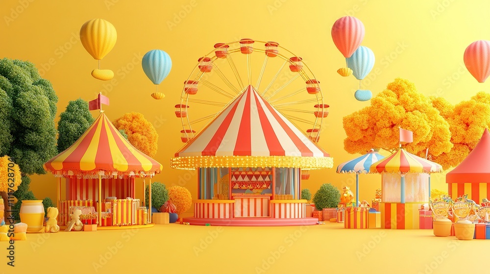A vibrant carnival scene with colorful tents, a ferris wheel, and hot air balloons. A vibrant carnival scene with colorful tents, a ferris wheel, and hot air balloons.