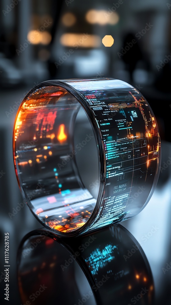 A futuristic transparent bracelet displaying vibrant digital data and information. A futuristic transparent bracelet displaying vibrant digital data and information.