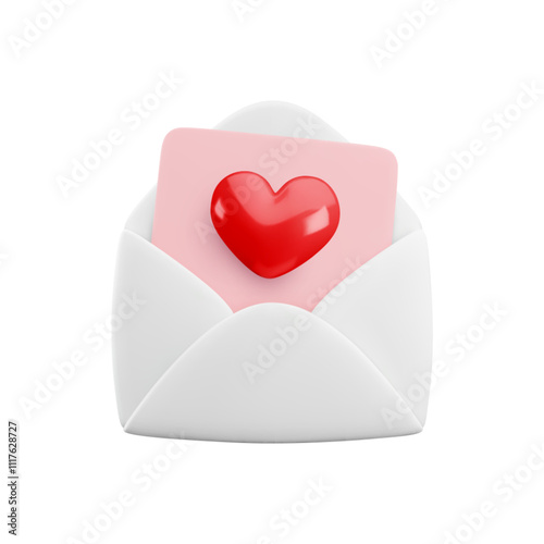 Vector cartoon 3d love letter. Realistic 3d render white opened envelope and letter with heart inside. Valentines Day greeting, Valentine email, Love message sign. Cute social media app design element
