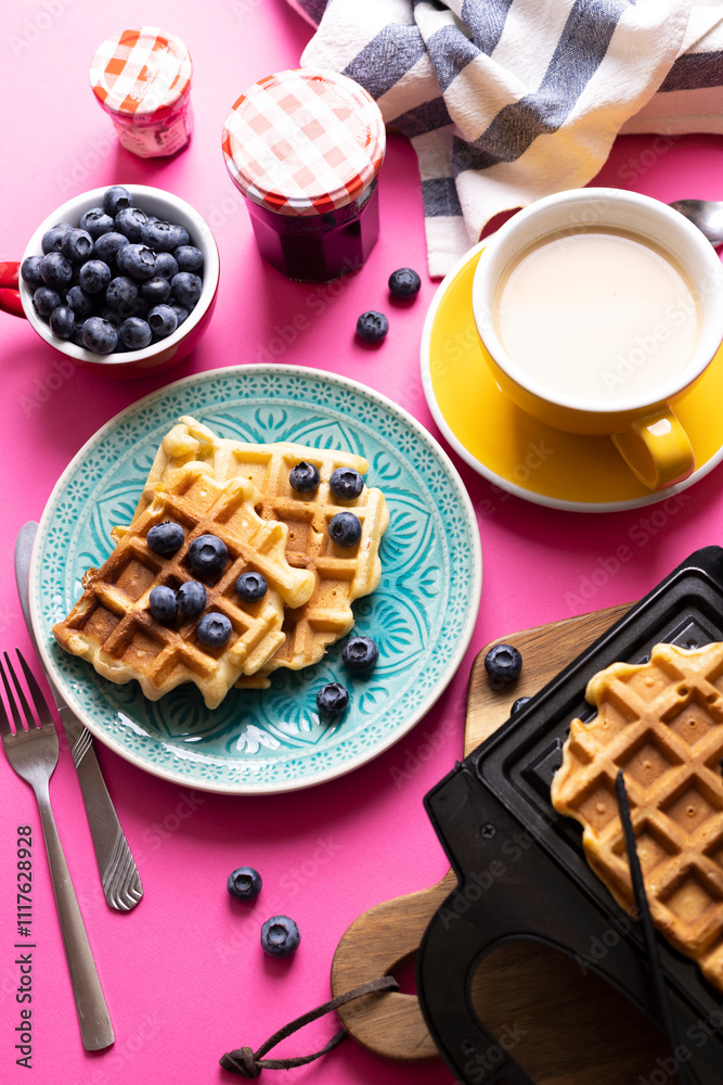 morning - bright breakfast with Belgian waffles