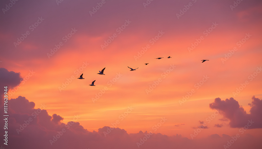 Fototapeta premium Flock of birds soaring through a vibrant sunset sky, with orange and pink hues blending into soft clouds