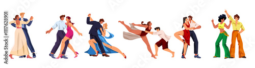 Set of pair dancing or vector collection of couple dance. Rumba or ballroom rhumba, romantic tango and emotional bachata, classic waltz and contemporary footwork, disco. Choreography and music rhythm.