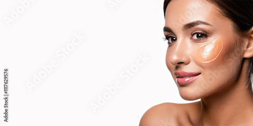 A woman with a cosmetic mask smear on her face—facial beauty spa treatment concept. The free space banner is Isolated on a white background.