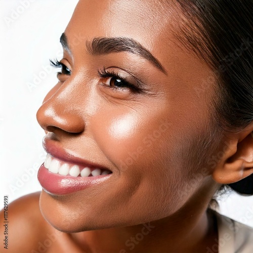 Portrait of a young happy African American woman with a beautiful white teeth smile, luxury pure hydrated healthy facial skin. Light makeup, perfect skin tone and eyebrow shape, moisturized lip skin