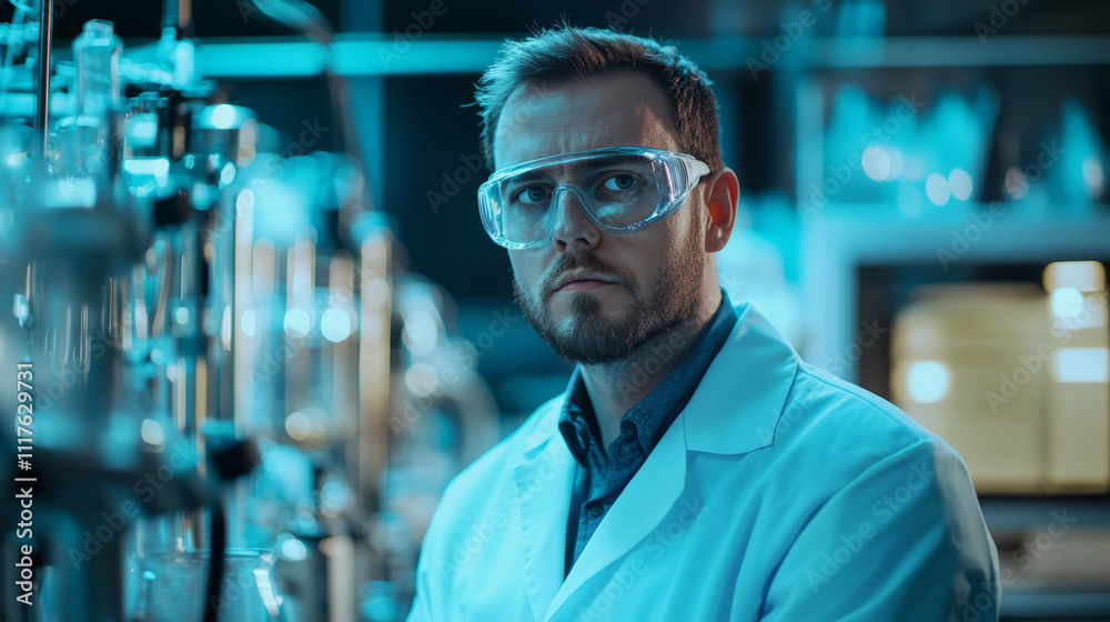 Chemical engineer in lab coat and glasses surrounded by laboratory equipment Chemical engineer in lab coat and glasses surrounded by laboratory equipment
