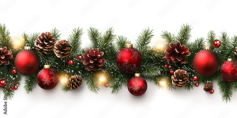 Festive Christmas Garland with Red Ornaments and Pine Cones for Holiday Decor and Seasonal Celebrations Festive Christmas Garland with Red Ornaments and Pine Cones for Holiday Decor and Seasonal Celebrations