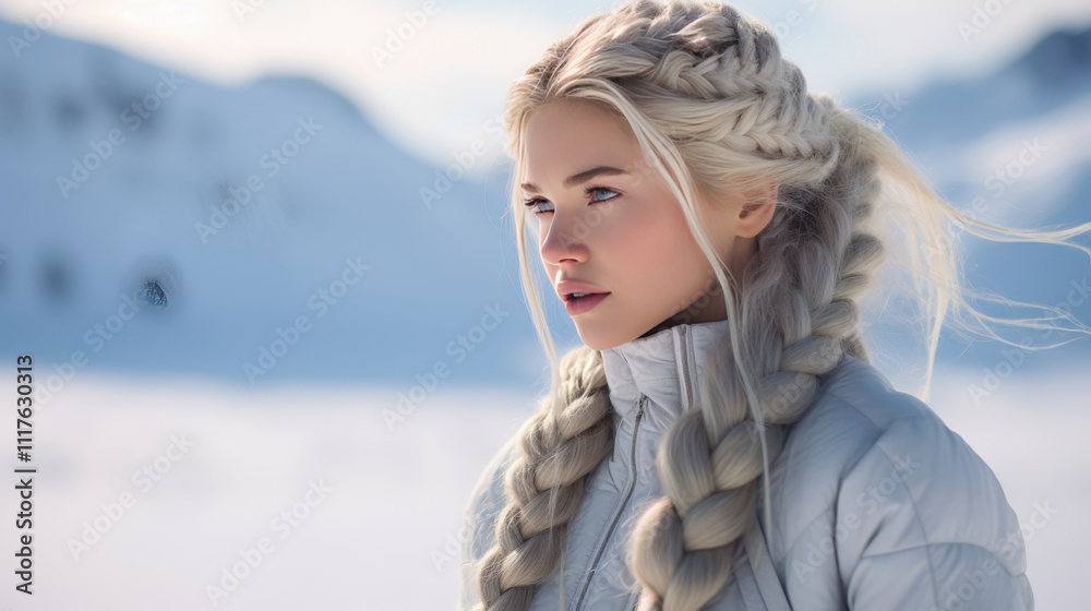 Young woman with long braided hair wearing a warm coat in a snowy landscape, serene expression, winter fashion, beautiful natural light and scenic backdrop Young woman with long braided hair wearing a warm coat in a snowy landscape, serene expression, winter fashion, beautiful natural light and scenic backdrop
