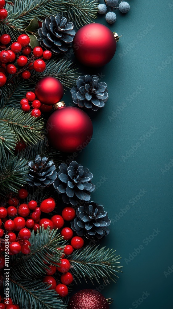 A festive arrangement of red ornaments, pine cones, and green foliage on a dark teal background, creating a cheerful holiday vibe. A festive arrangement of red ornaments, pine cones, and green foliage on a dark teal background, creating a cheerful holiday vibe.
