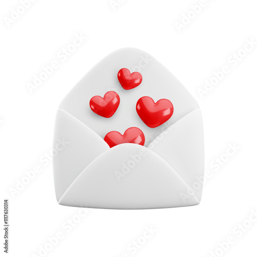 Vector cartoon 3d love letter. Realistic 3d render white opened envelope and flying out hearts confetti. Valentines Day greeting, Love message, Valentine email. Cute social media app design element.