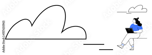 Remote worker sitting on a cloud using a laptop in a minimalist design. Ideal for themes of remote work, technology, cloud computing, digital nomad lifestyle, online education, career growth