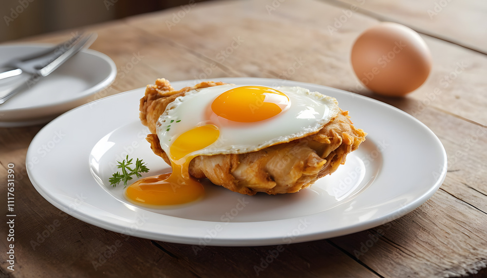 Fried sunny-side-up chicken egg on a clean white plate resting on a rustic wooden table Fried sunny-side-up chicken egg on a clean white plate resting on a rustic wooden table