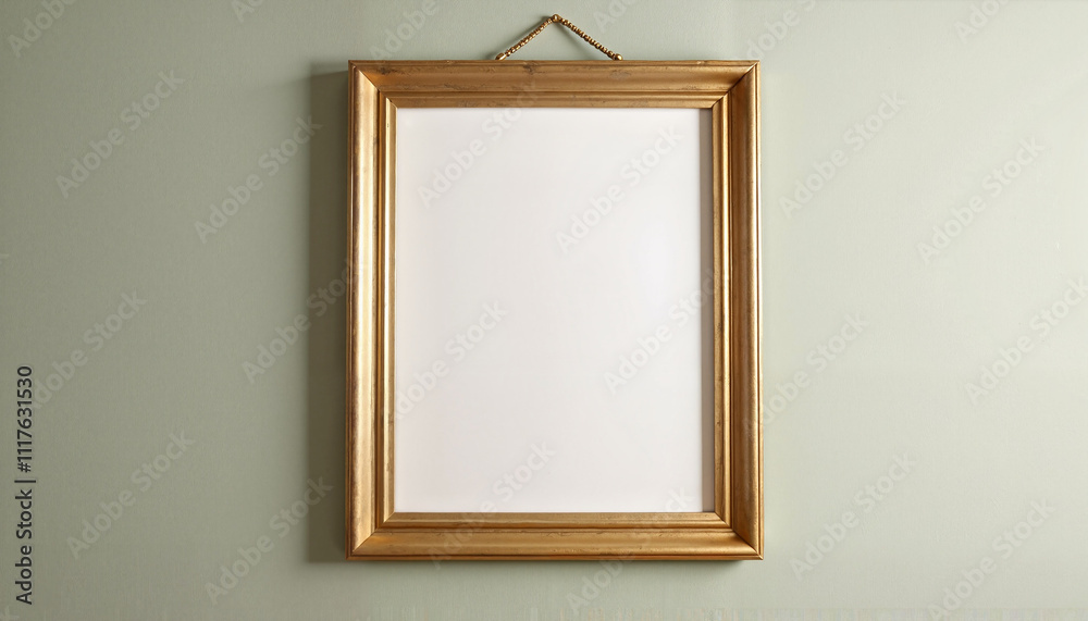 Picture Frame Mockup. Elegant golden frame hanging on a light green wall, perfect for artwork or photographs display Picture Frame Mockup. Elegant golden frame hanging on a light green wall, perfect for artwork or photographs display