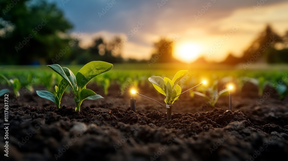 Sunset Glow: Young Plants Illuminated at Dusk Sunset Glow: Young Plants Illuminated at Dusk